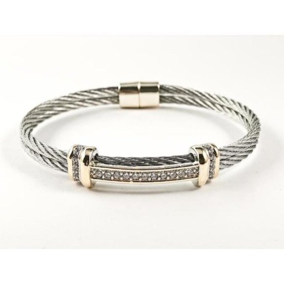 Modern Double Row Wire Band Center CZ Bar Bracelet - Picture 1 of 1